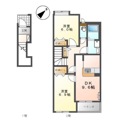 HILLS ARO(2DK/2階)の間取り写真