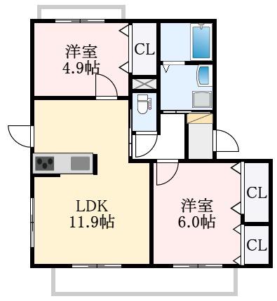 エスペランサ初芝A棟(2LDK/1階)の間取り写真