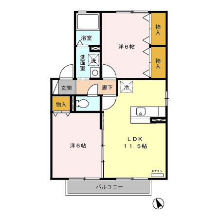 グリーンヒルドK B棟(2LDK/2階)の間取り写真