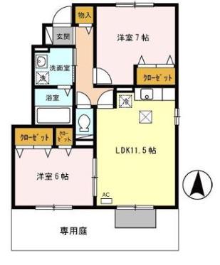 グランドゥール御津 B棟(2LDK/1階)の間取り写真