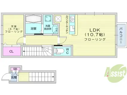 キララ鈎取本町1(1LDK/2階)の間取り写真