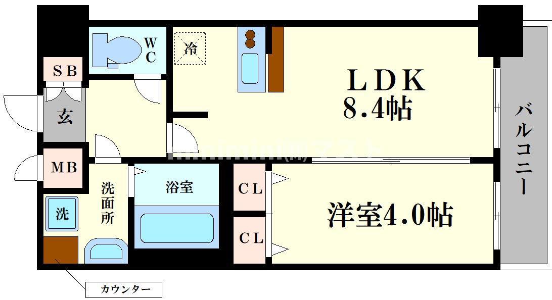 プレサンス南堀江ザ・センス(1LDK/13階)の間取り写真