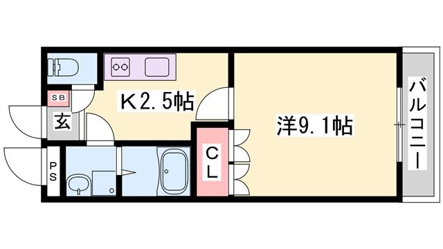 ヴェルジュール御着(1K/1階)の間取り写真