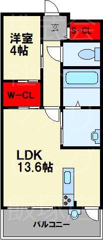 ルグラン飯塚中央リバーテラス(1LDK/13階)の間取り写真