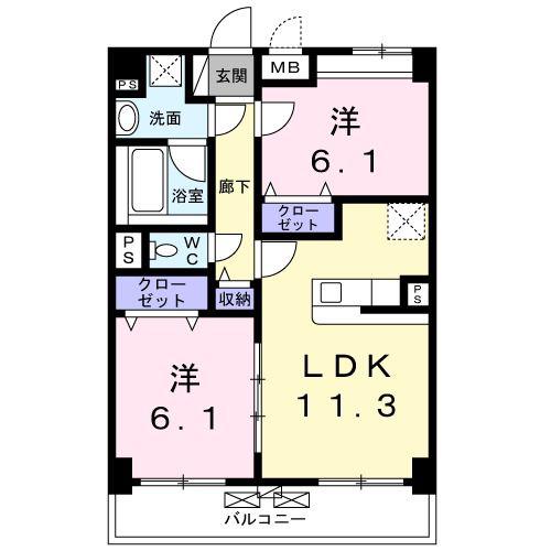 エバーハイム畝傍(2LDK/5階)の間取り写真