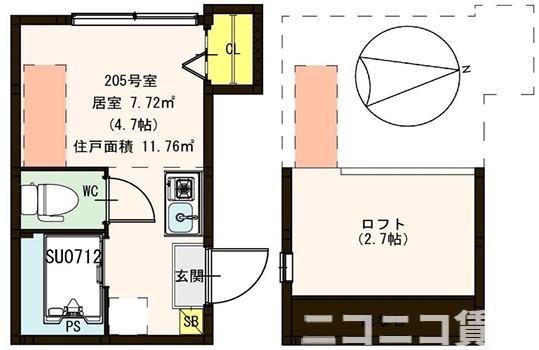 ハーモニーテラス日ノ出町III(ワンルーム/2階)の間取り写真