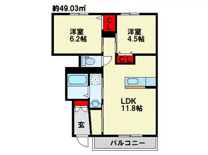 プレミールIII(2LDK/1階)の間取り写真