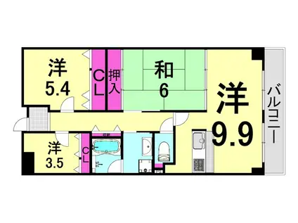 ベレッツァ芦屋III(3LDK/1階)の間取り写真