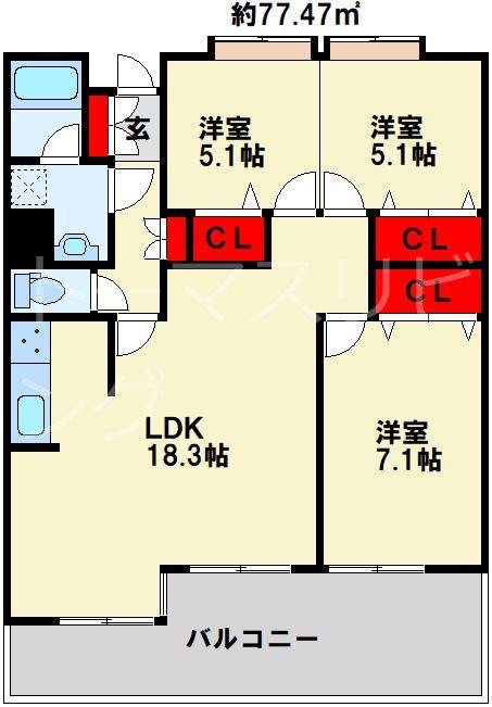 フリーリー守恒(3LDK/3階)の間取り写真