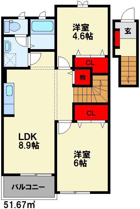 シャルマン・横田B(2LDK/2階)の間取り写真