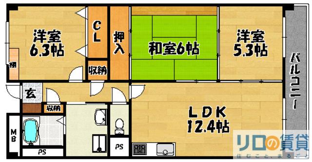 カーム淀川(3LDK/4階)の間取り写真