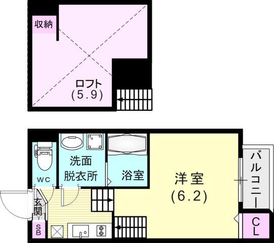ハーモニーテラス矢部町(1K/2階)の間取り写真