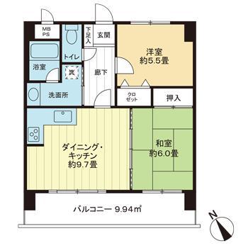 ライオンズマンション香椎駅東(2DK/2階)の間取り写真