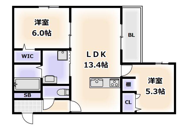トリシア遠里小野(2LDK/2階)の間取り写真