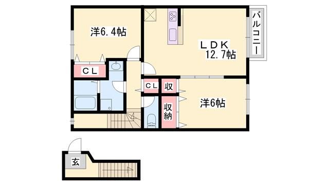 グランドゥールB(2LDK/2階)の間取り写真