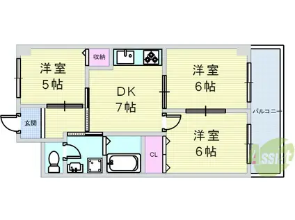 ドムール北梅田(3DK/7階)の間取り写真