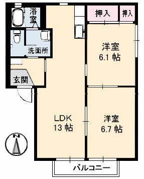 カーサ虹ヶ丘(2LDK/2階)の間取り写真