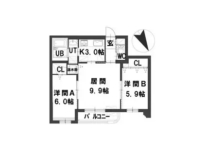 グランメール平和通6B(2LDK/4階)の間取り写真