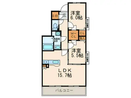 カーサ・フォルトナ(2LDK/2階)の間取り写真