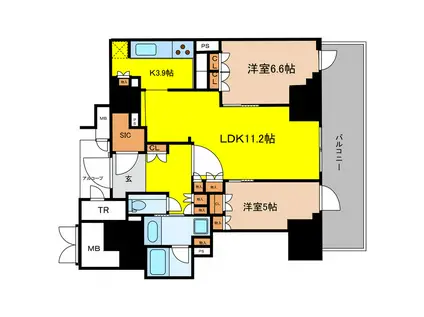 ジオタワー新町(2LDK/25階)の間取り写真