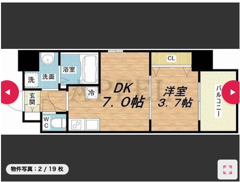 プライマル南森町パークビュー(1DK/2階)の間取り写真