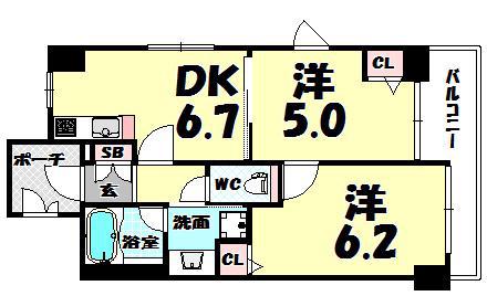 エステムプラザ心斎橋IIノールロジェ(2DK/14階)の間取り写真