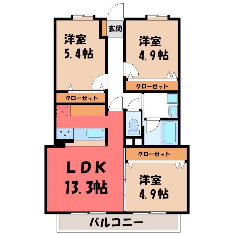 花水木の里B棟(3LDK/1階)の間取り写真