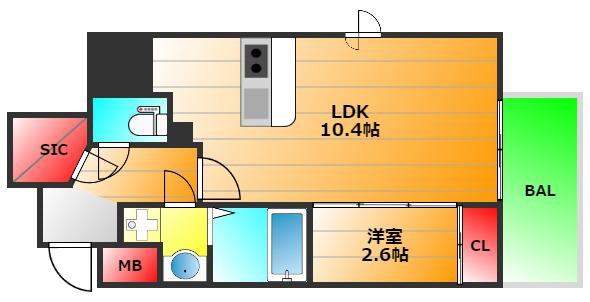 アフルエンス難波イースト(1LDK/2階)の間取り写真