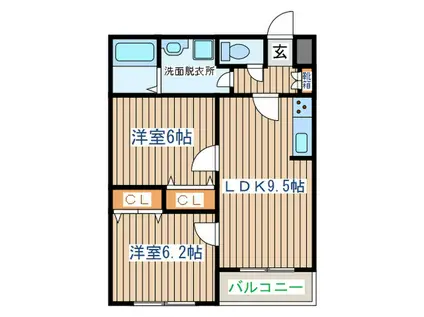 メリディアンなないろの里四番館(2LDK/2階)の間取り写真