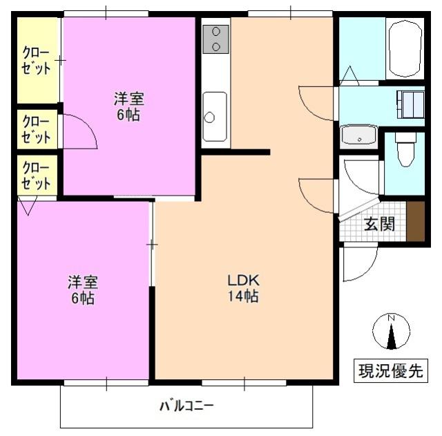 クレア・笹部 A/B棟(2LDK/2階)の間取り写真