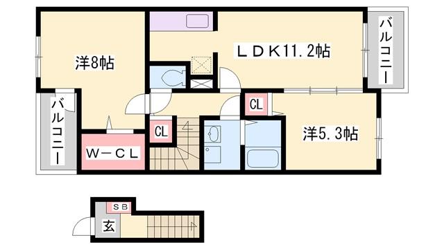 フェリア香呂D(2LDK/2階)の間取り写真