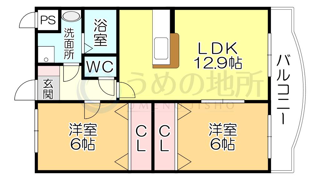ドミール・パレス櫛原(2LDK/1階)の間取り写真