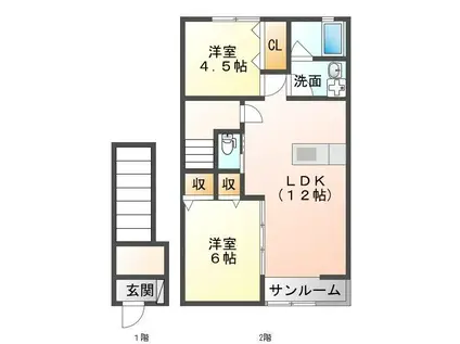 ボヌール参番館(2LDK/2階)の間取り写真