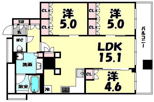 プレサンスレジェンド堺筋本町タワー(3LDK/14階)の間取り写真