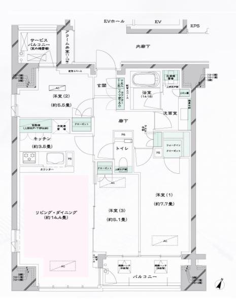 レジデンス二番町(3LDK/13階)の間取り写真