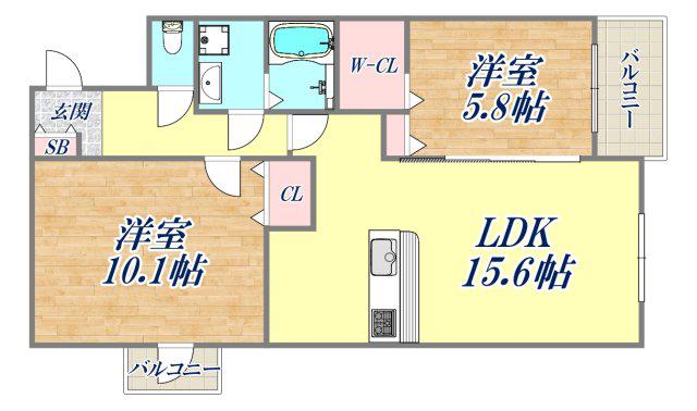 エアリーヒルズ芦屋(2LDK/4階)の間取り写真