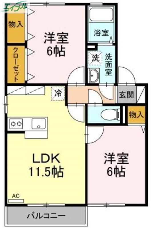 メルベーユコートB棟(2LDK/2階)の間取り写真