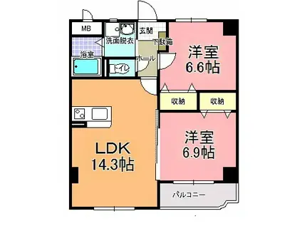 CE DEAR 五軒町(2LDK/3階)の間取り写真