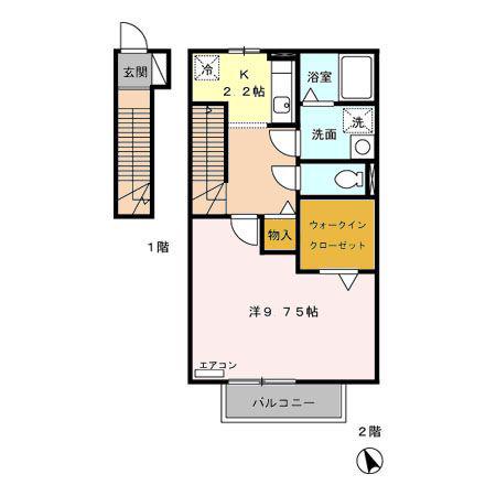 ローズコート上耕地(1K/2階)の間取り写真