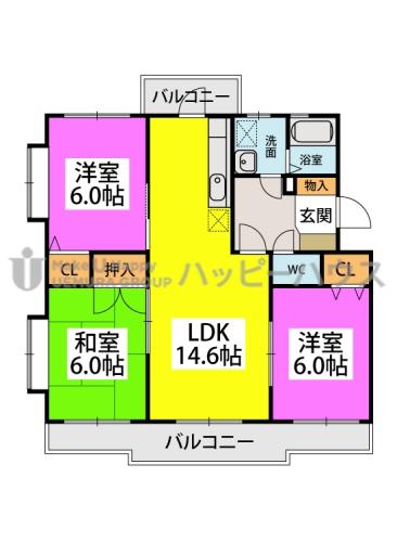 サンハイツ塔原(3LDK/4階)の間取り写真