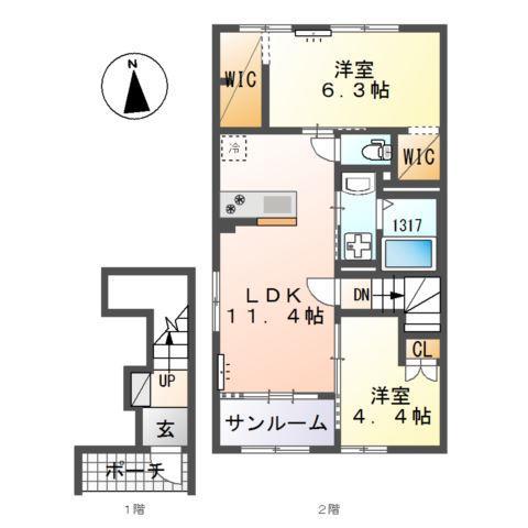 JR香椎線 酒殿駅 徒歩14分 2階建 築3年(2LDK/2階)の間取り写真