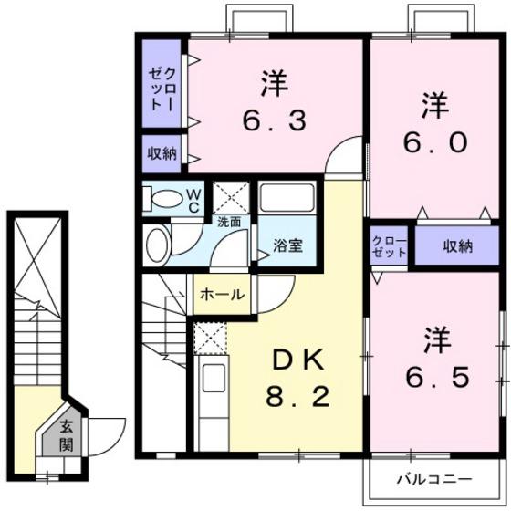 岡山電軌清輝橋線 清輝橋駅 徒歩33分 2階建 築27年(3DK/2階)の間取り写真