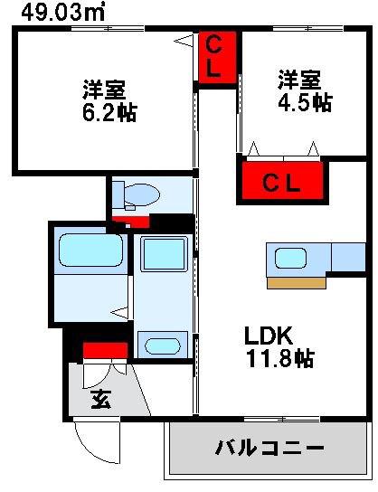 メルヴェーユ赤間(2LDK/1階)の間取り写真
