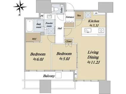 シティタワー大阪本町(2LDK/43階)の間取り写真