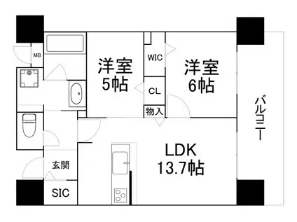 クレストコート同心(2LDK/9階)の間取り写真