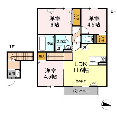 リヤンAJIII(2LDK/1階)の間取り写真
