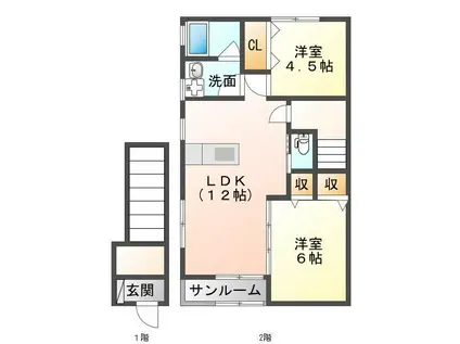 ボヌール四番館(2LDK/2階)の間取り写真