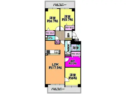 ヒルズ金剛寺池壱番館A棟(3SLDK/2階)の間取り写真