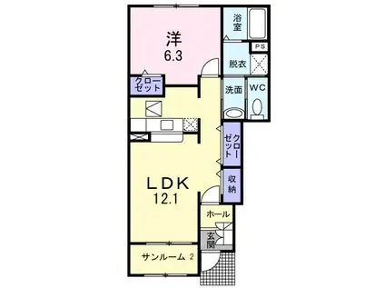 ピアコートI(1LDK/1階)の間取り写真