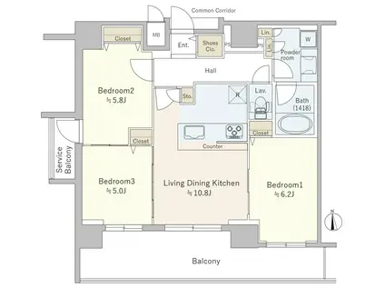 プレサンスタワー難波ウエスト(3LDK/11階)の間取り写真